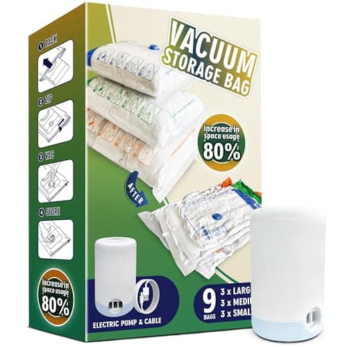 STORAGE MASTER Space Saver Bags for Travel and Home Reusable, 9 Pack Vacuum Storage Bags Save 80% More Storage Space, with Electric Air Pump