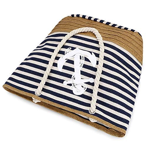 flintronic Women Beach Bag | Canvas Travel Tote Bag | Large Shoulder Bag with Rope Handle for Beach, Holiday, Shopping, Traveling (45cm*32cm*14cm) Anchor Pattern Design (Blue) — view 5