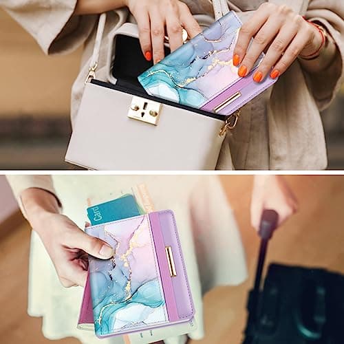 Passport Holder Cover Travel RFID Blocking Passport Cover Rose Gold Cute Flowers Passport Wallet with Elastic Band for Women, Gradient Marble, Casual — view 5