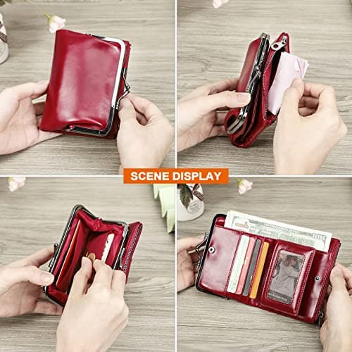 CONTACTS Womens RFID Wallet with Kiss Lock,Genuine Leather Ladies Compact Bifold Coin Purse with Zip Pocket Vintage,Credit Card Holder Small Clutch with ID Window Red — view 6