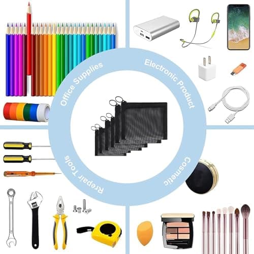 6 Packs Mini Zipper Toiletry Bag, Clear Mesh Zipper Cosmetic Small Purse Black Nylon Waterproof Small Purse Makeup Bag for Women, Portable Office Stationery Pouch. — view 6