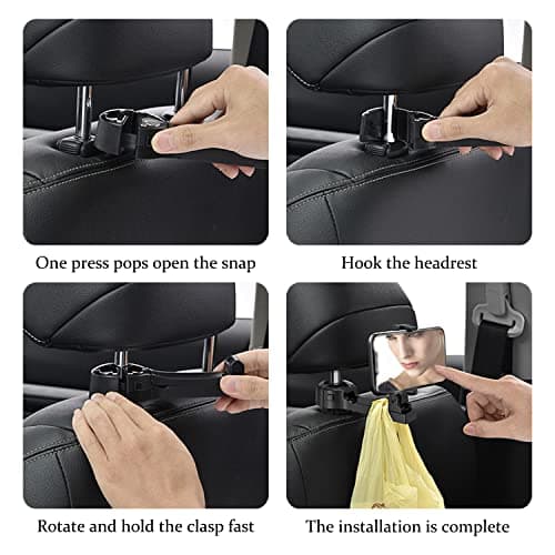BELOMI Car Headrest Hook with Phone Holder, 2 Pack Upgraded 2 in 1 Auto Back Seat Hooks, 360° Rotation Hangers Universal Vehicle Organizer Storage for Purses Bags Groceries (Gold) — view 5