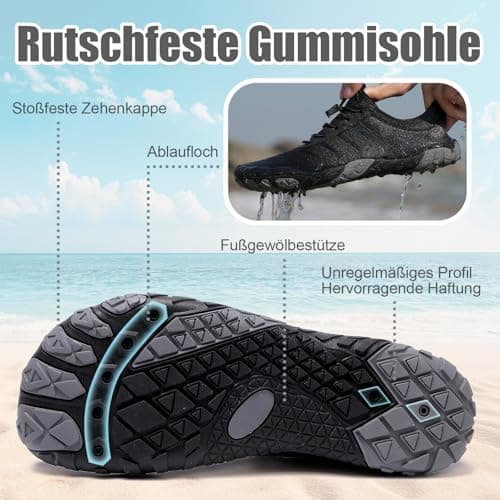Barefoot Shoes Quick Dry Aqua Shoes Water Shoes Men Women Summer Beach Shoes Toe Protection Non Slip Swimming Shoes Lightweight Stylish River Shoes, Black, 10UK — view 4