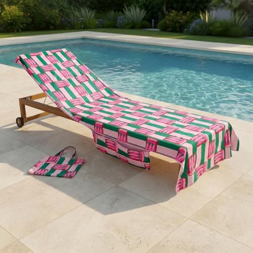 OHS Beach Towels for Adults Sun Lounger, Soft Quick-Dry Absorbent Sardine Stripe Sunbed Towels with Pockets Large Microfibre Beach Towel Summer Holiday Essentials, 75 x 215cm - Pink/Green