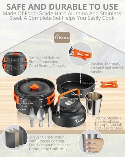 HOMGEN Camping Cooking Set Camping Pots and Pans Set Aluminium Camping Cookware Kit Protable Cooking Mess Kit Lightweight Camping Cooking Equipment for 2-3 People Perfect for Camping Picnic Hiking etc — view 3
