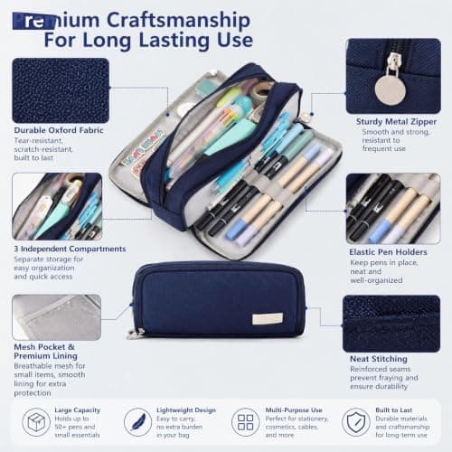 Large Capacity Pencil Case 3 Compartment Pouch Pen Bag for School, Navy — view 5