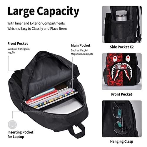 AABSTBFM Red-Black Shark School Bookbags Set with Lunch Bag Pencil Case, Travel Laptop Backpack School Bag 3pcs Set — view 4
