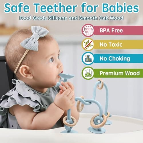 AiTuiTui Baby Toys, Multi Purpose High Chair Suction Toy for Toddler 6 7 8 9 12 Months, Sensory Toys with Wooden Ring Suitable for 1 2 Years Infant Gifts, Blue — view 2