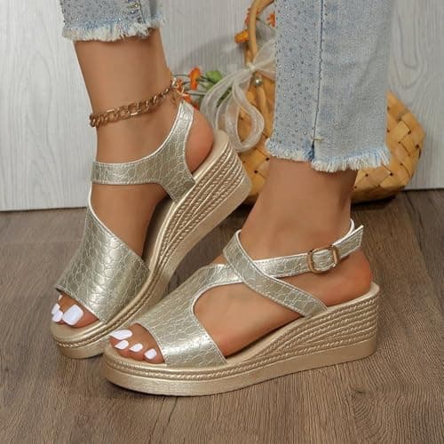 Generisch Platform Sandals, Summer Strappy Sandals, Comfortable Mules with Heels, Outdoor Walking Shoes, gold, 8 UK — view 5