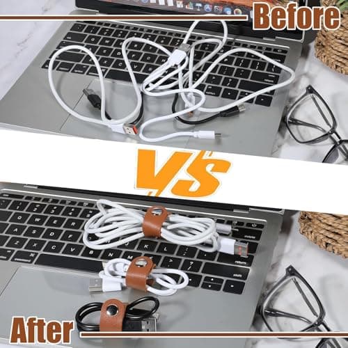 Denipry 10pcs Cord Organizer, PU Leather Cable Straps Small Cable Ties Reusable Cable Tidy for Travel Office Home Phone Charging Headphone Cord Ties Wire Organizer — view 5