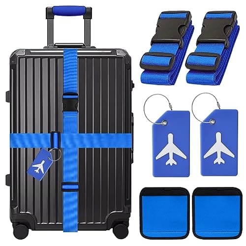 Yauhar 6Pcs Travel Suitcase Accessories Set Contains Silicone Luggage Bag Tags and Luggage Straps and Detachable Handle Covers, Wide Adjustable Packing Belt for Women Men (Blue)