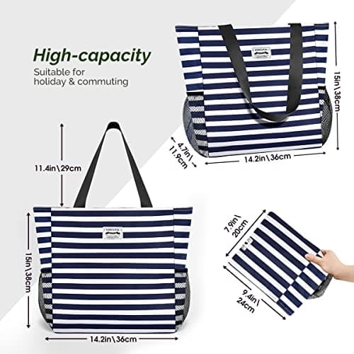HOMESPON Large Waterproof Beach Tote Bag with Zip and Pockets for Women (Blue & White Stripe) — view 6