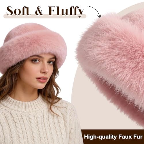 Faux Fur Bucket Hat for Women, Russian Style Winter Fluffy Fuzzy Ladies Hats Travel Hiking Work Home, Chapeau Fourrure Femme Winter Fashion Gift (Pink) — view 3