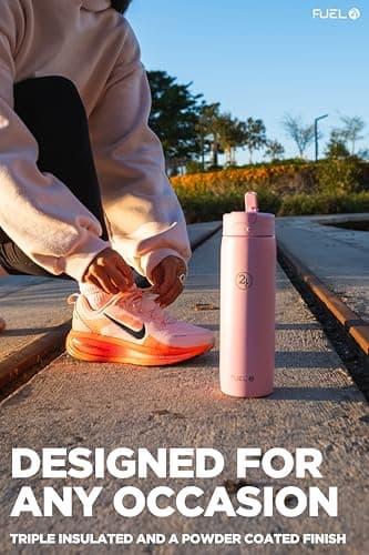 Fuel24 Duo - Stainless Steel Water Bottle 700ml or 1L - Vacuum Insulated Metal Flask with Straw (Dual use Lid) 1 Litre - for Sports, Gym, Work – Slim Design (Blush, 700 ml) — view 5