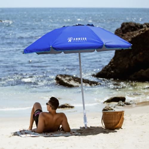 AMMSUN 6.5ft Twice Folded Portable Beach Umbrella with Sand Anchor Windproof,Push Button Tilt and Air Vent UV 50+ Protection Fits in a Large Suitcase for Patio Garden Beach Pool Backyard Blue — view 2