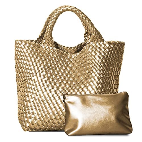Dyalsa Woven Tote Bag for Women, Vegan Leather Handbag Large Summer Beach Bag and Purse Retro Handmade Travel Shoulder Bag (Gold)