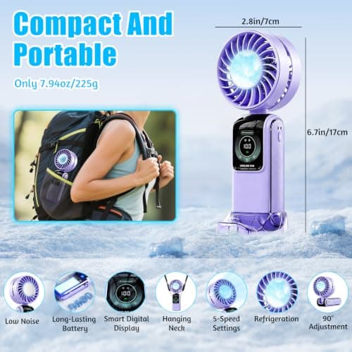 Handheld Fan Rechargeable, 5 Speeds Portable Ice Cooling Hand Fan, Flexible Modes Hand Desk Neck Electric Mini Fan，High-Power Hand Held Fans with LED Display for Travel Home Office Outdoor (Purple) — view 6