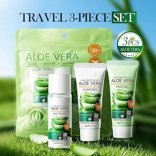 Aloe Vera Travel Skin Care Set, Mini Travel Essentials, 3 Piece Face Routine Set For Women Travel Size Skincare Kit With Aloe Vera Cleanser, Face Gel, Toner | Travel Essentials Gift Set — view 2