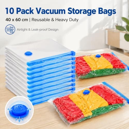 10-Pack Vacuum Storage Bags 40x60cm - Space Saver for Clothes, Quilts, Pillows & Blankets, Transparent Blue Airtight Seal (Reusable & Heavy-Duty) — view 2
