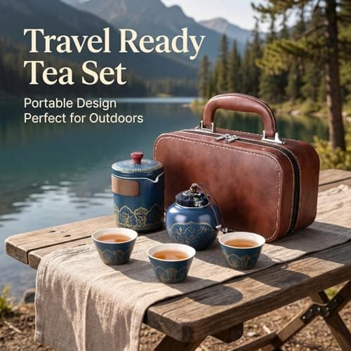 Complete Ceramic Travel Tea Set with Leather Case,Blue Chinese Tea Gift Set with Teapot, 3 Cups & Tea Caddy, Portable Tea Maker for Car, Camping, Office, Home Kitchen Daily Use and Family Tea Time​ — view 6