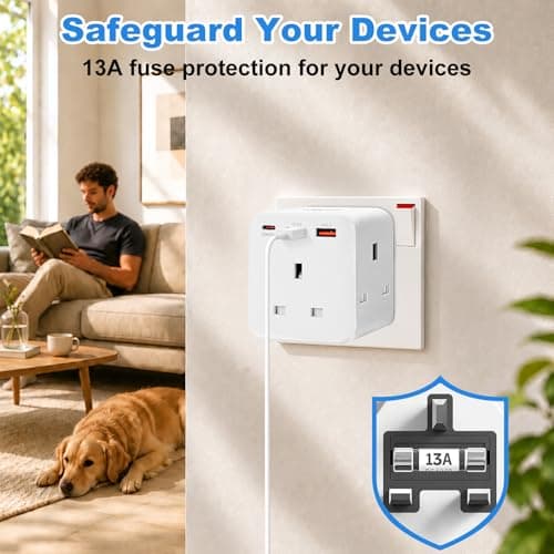 3 Way Plug Adapter UK with PD20W USB-C & QC 3.0, 6-in-1 Multi Plug Adaptor — view 6