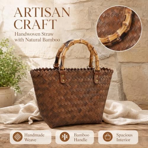 Alasum Straw Tote Bag for Women, Woven Beach Bag with Bamboo Handle, Coffee — view 4