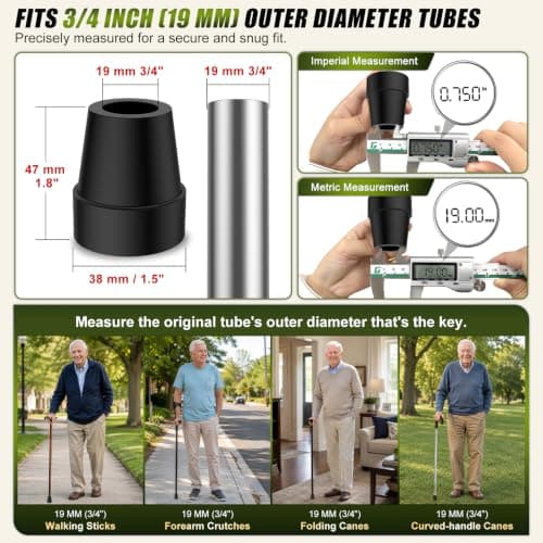 supregear Rubber Ferrules (4-Pack), 19mm Replacement Rubber End Caps for Walking Cane & Sticks Foot Pad Accessory, Black — view 2