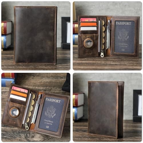 CataPurus Top Grain Leather Single Travel Passport Wallet Embossing Badge for Unisex, Folio Design for Passport & Multi Cards, RFID Blocking for Passport/Cards/Checks/Bills/AirTag, Coffee Default, GB — view 2