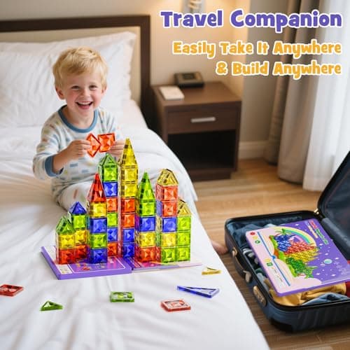 Magnetic Tiles STEM Toy for Kids: 60pcs 5cm Travel Building Kit & Tin Base — view 5