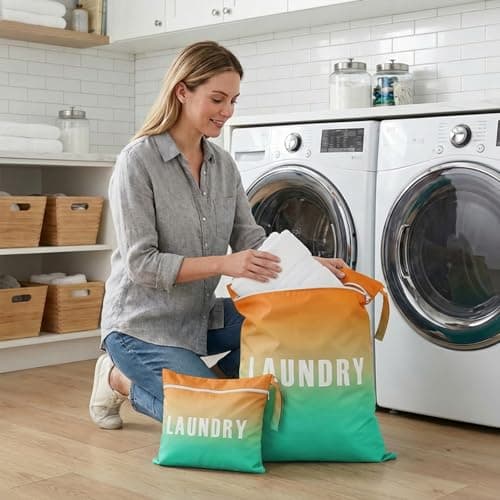 2 Pcs Travel Laundry Bags (Large 55x45cm & Small 40x31cm) - Waterproof Washing Bags for Laundry with Double Zippers, Dirty Clothes Bags with Handle for Travel, Gym, Camping (Orange-Green Gradient) — view 4