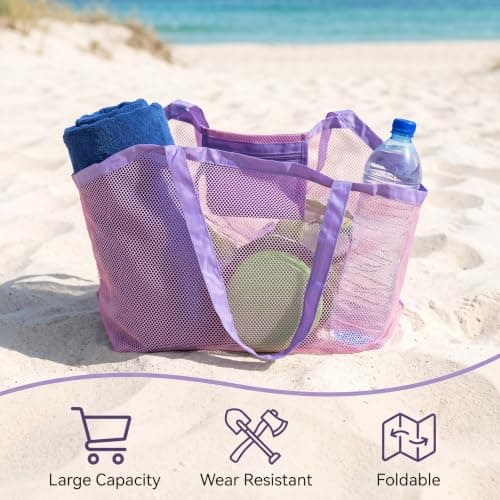 Large Mesh Beach Bag,Beach Toy Bag for Kids,Mesh Beach Bags,Foldable Toys Net Tote Bags Waterproof Lightweight for Sand Storage for Wet Towels Swim Pool Travel Essentials Accessories (40x24x38 cm) — view 3