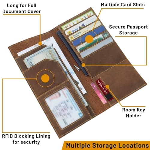 WANDERINGS Genuine Leather Passport Wallet - 11x23 cm - Large Leather Passport Holder for Travel - Folding Travel Wallet Case with RFID Blocking, Travelers Organizer for Men and Women — view 2