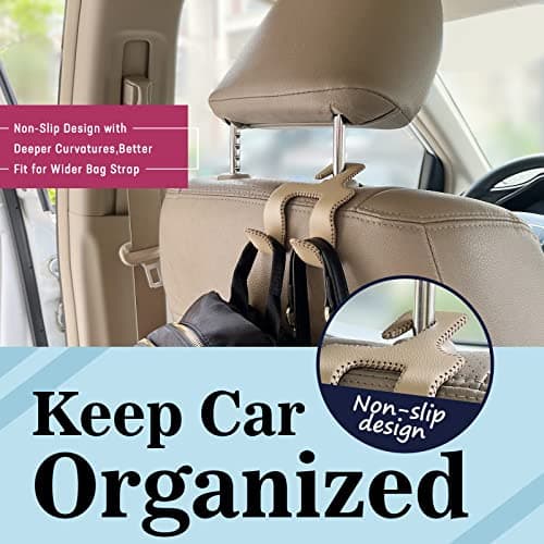 TISOHUGO Upgraded Headrest Hooks for Purses and Bags, 2 in 1 Car Back Seat Head Rest Hanger Matching Cars Interior Genuine Leather Vehicle Storage Holder Hook, 1 Pack, Black — view 4