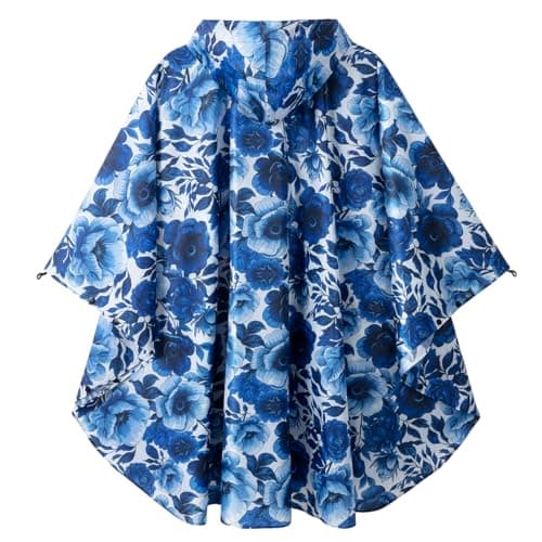Royalotic Rain Poncho Reusable Adult Waterproof Raincoat with Hood and Zipper, Lightweight Packable Rain Jacket Cape with Pocket for Men and Women (Blue Flower, One Size) — view 3