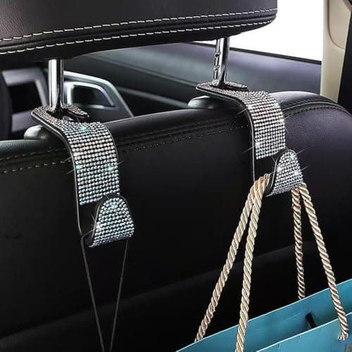 Amazleer Car Hooks, Bling Rhinestones Crystal Backseat Hanger, Universal Seat Back Organiser for SUV Truck Vehicle, 2 Pack (Silver) — view 2