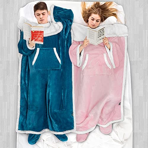 PAVILIA Fleece Blanket with Sleeves, Foot Pockets for Women Men Adults, Plush Wearable Blanket Throw Wrap, Warm Snuggle Blanket Robe, Cozy Gift Ideas Wife Mom, Light Pink — view 5