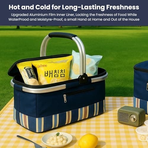 HOMESHOPA 35 Litre Insulated Picnic Basket With Lid, Blue Multi Stripe Foldable Thermal Cooler Bag Hard Liner, Upright Standing Box for Outdoor Camping, Travel, Portable & Collapsible Shopping Hamper — view 5