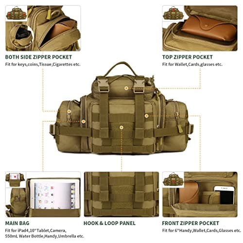 Huntvp Tactical Waist Bag Molle Fanny Pack Bumbag Assault Sling Shoulder EDC Bag Carry-on Bag Handbag for Working Camping Hiking Outdoors Activities Brown — view 5