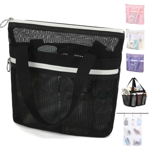 GYEUKHAM Mesh Shower Bag with 2 Zipper Pockets & Dual Handles, Quick-Drying Hanging Shower Caddy for College Essentials,Sunscreen,Dorm, Gym, Travel & Camping, Black