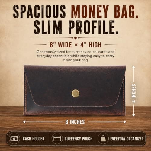 TheAntiq Leather Cash Envelope Wallet Slim Money Organiser Minimalist Travel Currency Pouch for Cash & Cards Full Grain Leather (Brown) — view 3