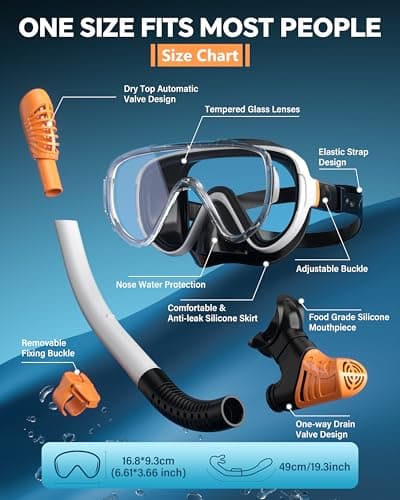 G2RISE SN05 Snorkel Set Adults, Anti-leak Scuba Diving Goggles and Snorkel, Mask and Snorkel Set Adult with Tempered Glass Lenses & Dry Top System for Snorkeling, Diving, Swimming(Black+White Orange) — view 5