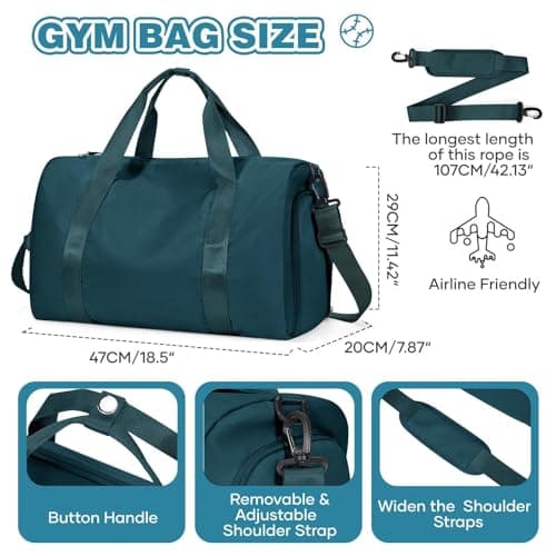 HYC00 Gym Bag Womens Mens Small Sports Duffle Bags with Shoes Compartment & Wet Pocket Weekend Travel Duffel Bags for Women Carry on Overnight Bag Hospital Holdall for Swimming Yoga, Peacock Blue — view 2