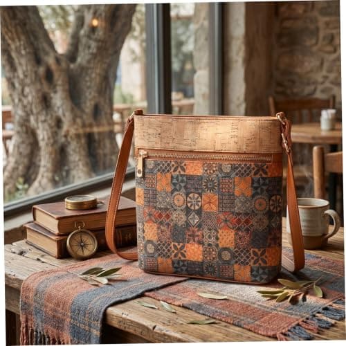 Ameble Tan Cork Boho Crossbody Purse for Women, 8.27x9.06 Inch Lightweight Shoulder Bag, Cork Handbag for Casual Daily, Travel, Beach — view 3
