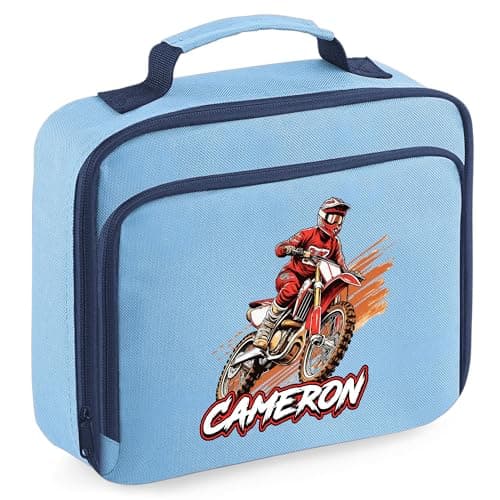 Red Personalised Dirtbike Lunch Bag for Kids Off Road Motorbike Back to School Nursery Lunchbox, 24cm x 20cm x 8cm, Navy — view 2