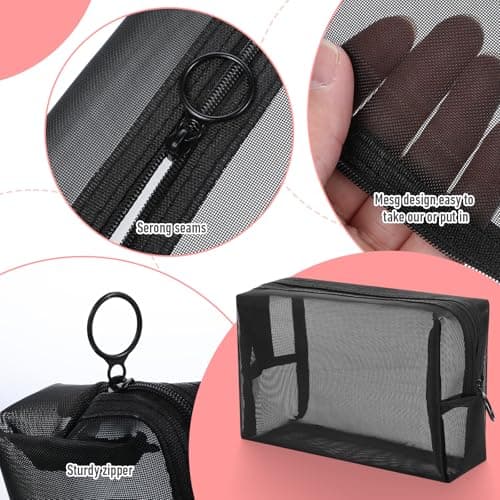 Wanmu 3Pcs Mesh Makeup Bags, Mesh Cosmetic Bag, Portable Toiletry Bag, Travel Organizing Zipper Pouch, Toiletries Makeup Pouches, Black Breathable Mesh for Home Office Travel Accessories — view 3