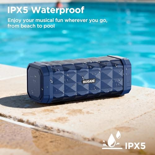 BUGANI Bluetooth Speaker,Portable Wireless Speaker,Louder Volume,Stereo Sound,24H Playtime, Bluetooth 5.4,100ft Wireless Range,Built-in Mic,IPX5 Waterproof Speakers for Home,Outdoor,Travel (Blue) — view 3