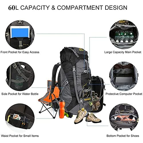 NACATIN Hiking Backpack, 60L Large Rucksack for Men Women, Tear and Water-resistant Ideal for Camping Trekking Travel Outdoor (Black) — view 4