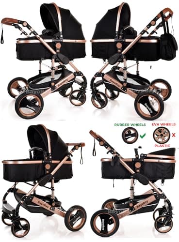 Baby Pram & Pushchair Travel System 3 in1 with Car Seat - Lightweight Folding Buggy Stroller for Newborns 0-36 Months (Black - Silver Frame) — view 3