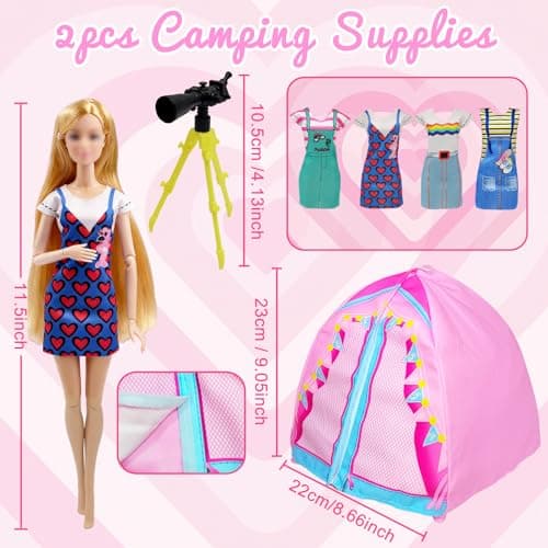 Carreuty 43 Pcs Doll Clothes Travel Camping Accessories, Camping Fashion Playset 1 Tent 1 Telescope 4 Dresses 4 Shoes 4 Pets 29 Accessories Set for 11.5 Inch Doll Girls Gift — view 2