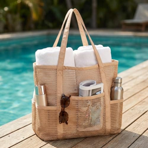 Satiskid Large Mesh Beach Tote Bag with 6 External Pockets, Breathable Nylon Mesh Swimming Bag, Multi-Pocket Sandproof Pool Travel Shoulder Bag for Swimming Pool Holiday — view 5